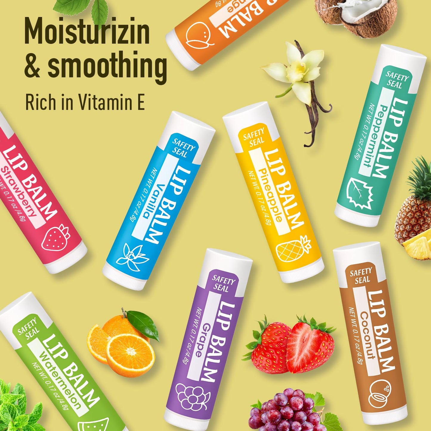 YesBes 64 Pack Lip Balm, Natural Lip Balm Bulk with Vitamin E and Coconut Oil, Moisturizing Lip Balms for Dry Cracked Lips, Lip Balms for Stocking Stuffers - 8 Flavors