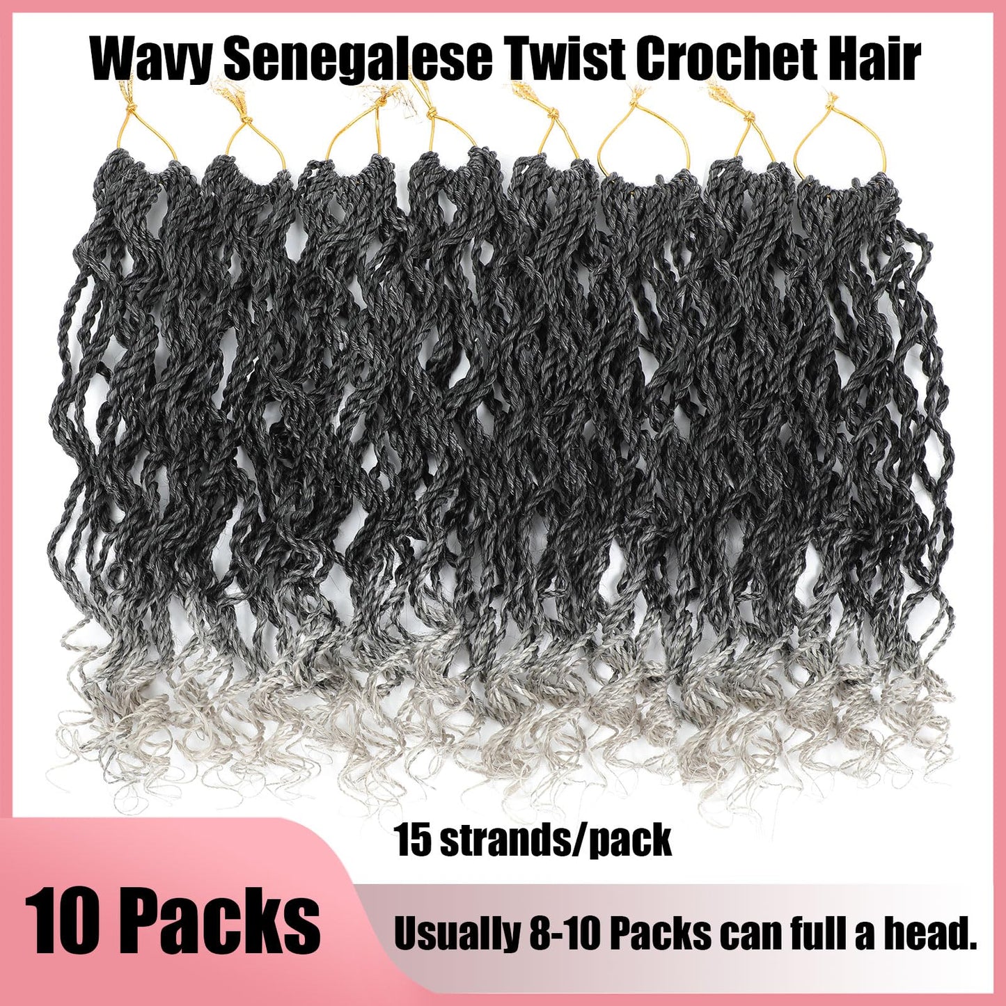 Wavy Senegalese Twist Crochet Hair For Black Women 8 Inch 10 Packs Senegalese Twist Braiding Hair Crochet Twists Pre Looped Twist Crochet Hair Curly Crochet Twist Hair With Curly Ends(1B/Gray)