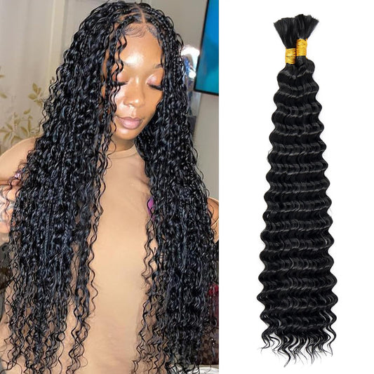 Eacia 28 Inch Deep Wave Bulk Braiding Hair for Boho Braids 2 Bundles 200g Natural Black Curly Braiding Hair for Micro Twist No Weft Wet and Wavy Braiding Hair Extensions (#1B,100g/bundle)