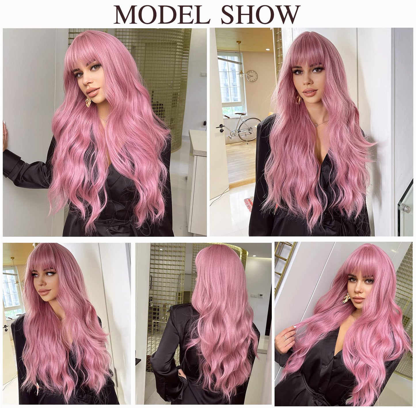 Esmee 26 Inches Long Pink Wig with Bangs Natural Synthetic Hair Wavy Wigs for Women Daily Party Cosplay Wear