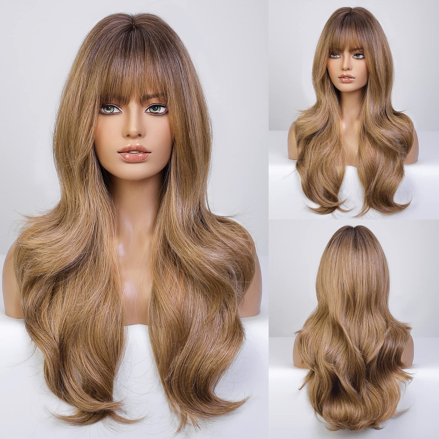 HAIRCUBE Light Brown Long Curly Wig with Bangs Heavy Blonde Natural Appearance Heat-Resistant Synthetic Wig Suitable for Fashionable Women 24Inch