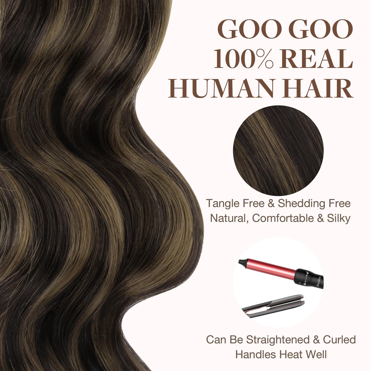 GOO GOO Tape in Hair Extensions Human Hair, Dark Brown Highlighted Chestnut Brown, 18inch 25g 10pcs, Thick Ends Straight Seamless, Invisible