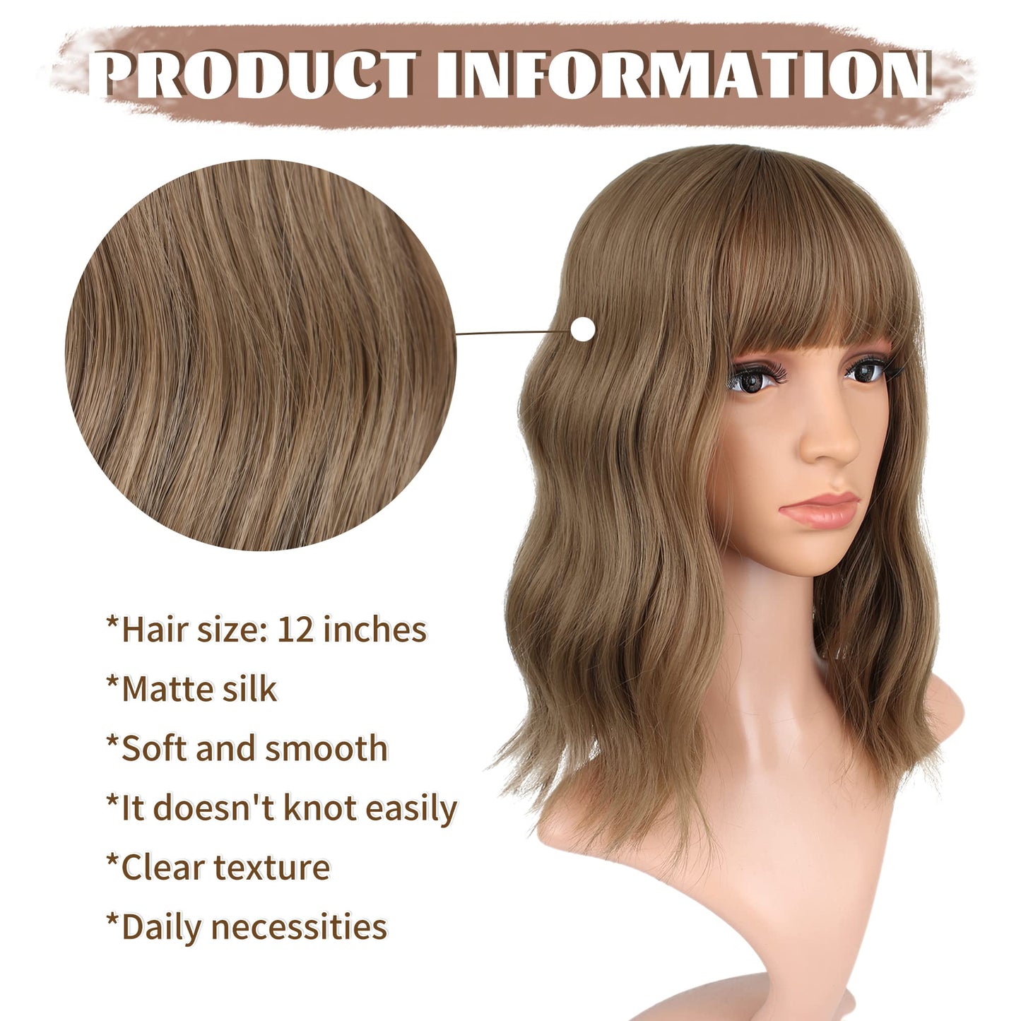 VCKOVCKO Light Brown Curly Bob Wig With Air Bangs Natural Curly Wavy Short Bob Wigs Women's Shoulder Length Wigs Synthetic Cosplay for Girl Colorful Wigs(12",Light Brown)