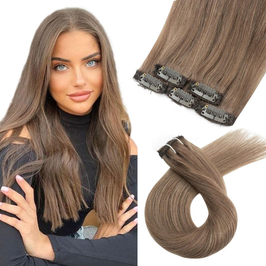FUBILI Ash Brown clip in hair extensions Natural Remy Real Human straight Hair Extensions 30g 5pcs 14 Inch