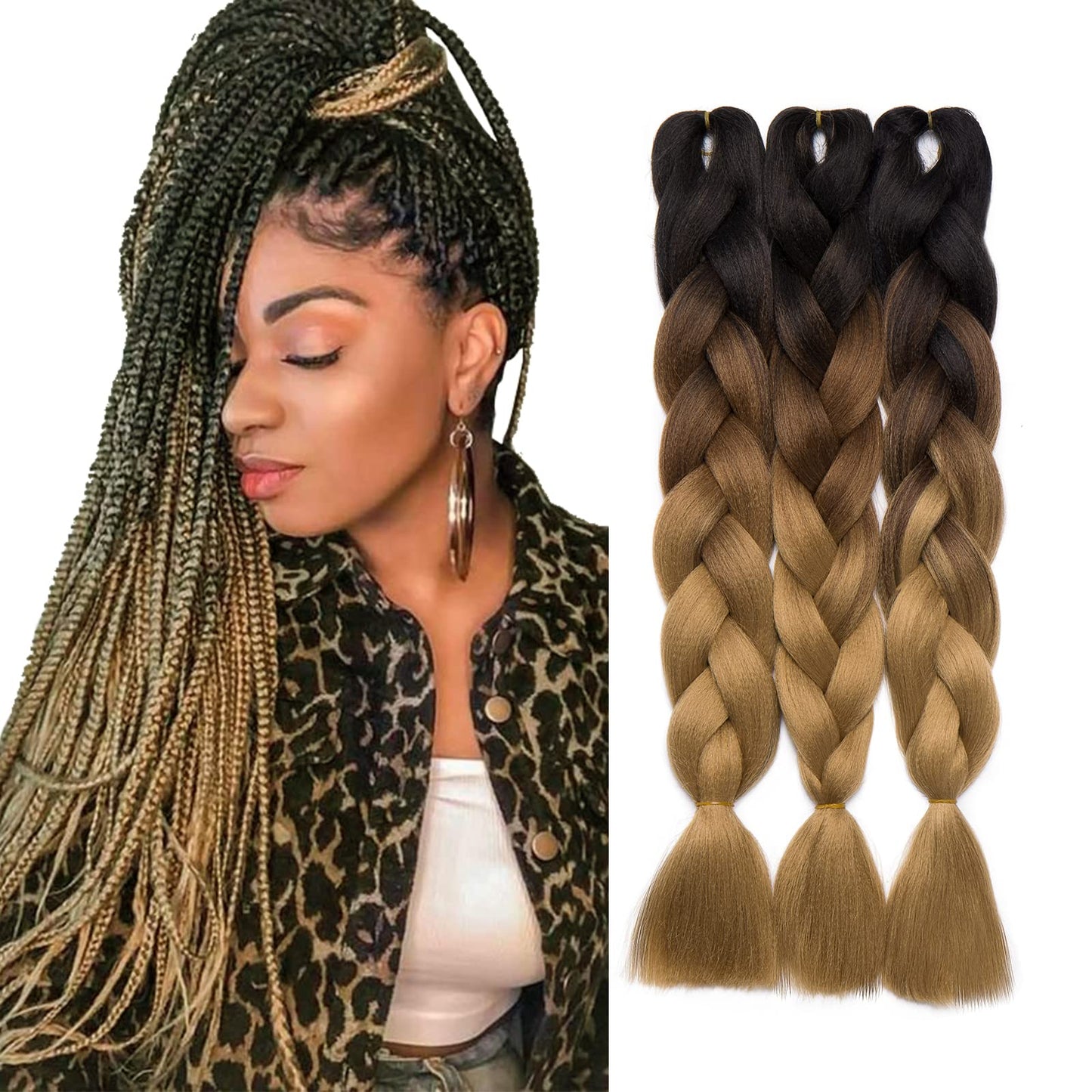 [3packs] 24” Ombre Jumbo Braiding Hair Extensions Multiple Tone Colorful Jumbo Box Braid Hair High Temperature Synthetic Twist Braiding Crochet Hair(24",black to light brown to ash blonde)