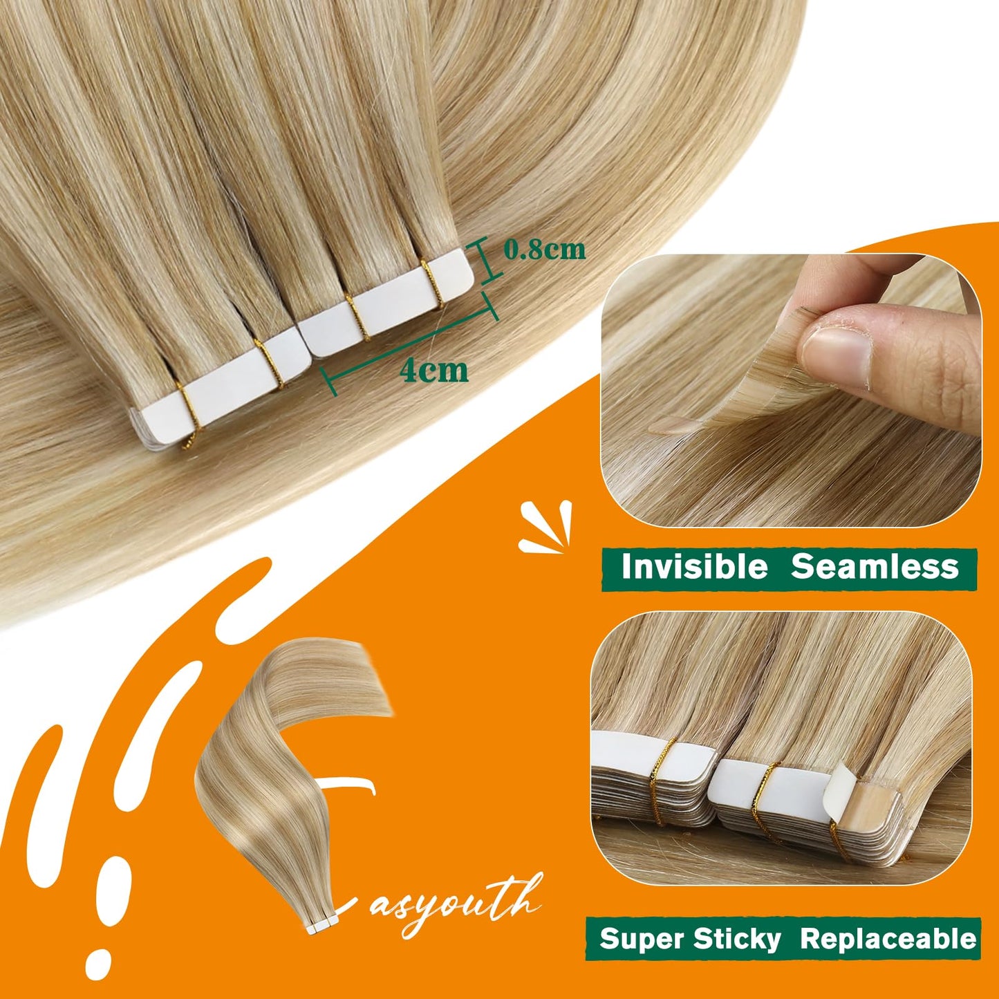 Easyouth Tape in Hair Extensions Human Hair Seamless Tapes ins Human Hair Extensions Honey Blonde Highlights Bleach Blonde Real Hair Extensions Tape in Long-Lasting 12 Inch 30g 20pcs