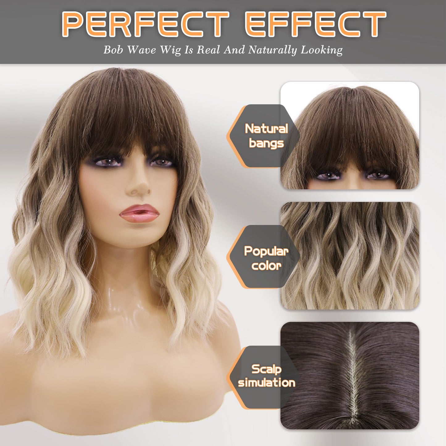 MOSINA Curly Wavy wig with Bangs for Women,14 inches Black and White Gradient Short Bob Wigs for Black Women,Heat Resistant Fiber Wig for Suitable for work, parties and other occasions Use