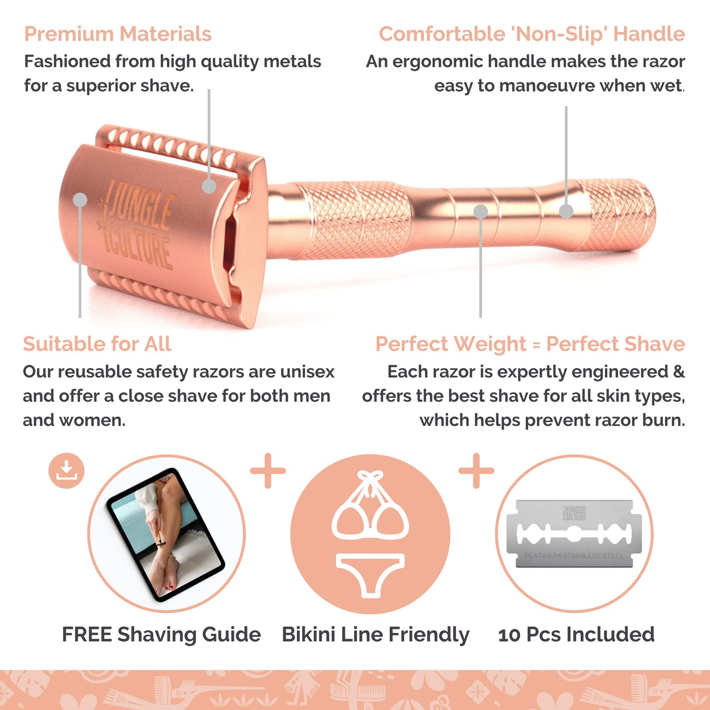Jungle Culture Safety Razor with 10 Double Edge Blades • Single Blade Metal Razors for Women & Men for Body & Face • Eco Friendly & Reusable Shaver • Rose Gold