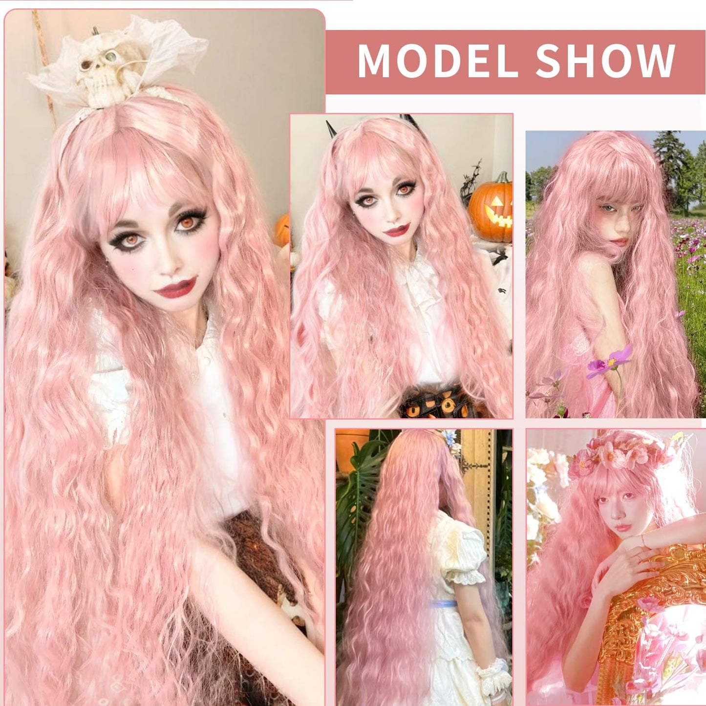 Aliesencia 40 Inch Long Wavy Wig with Bangs for Women White Cosplay Wig Bounce Fluffy for Halloween Party Daily Use(Pink)