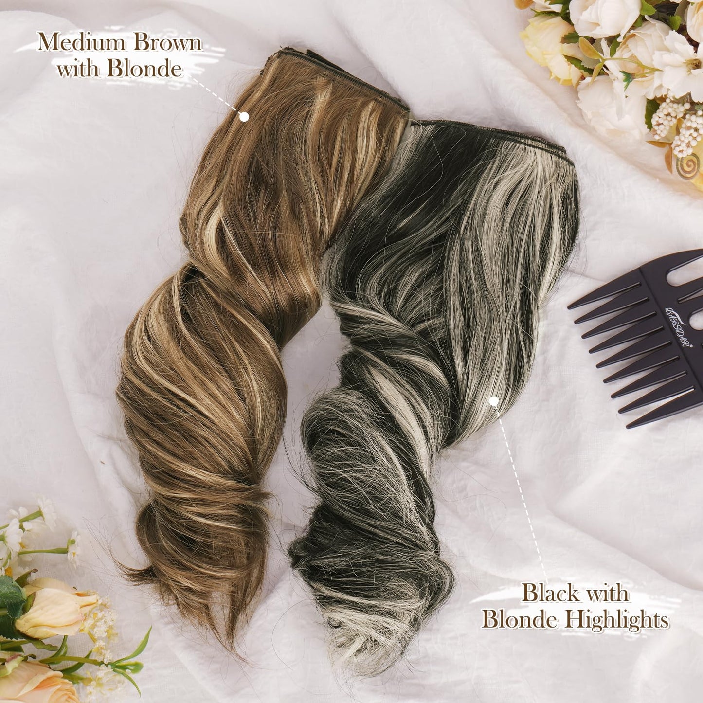 BARSDAR Highlight Clip in Hair Extensions - 12 Inch Short Wavy Synthetic Clip in Hairpieces for Women - 6PCs Full Head Thick Daily Party Medium Brown & Blonde