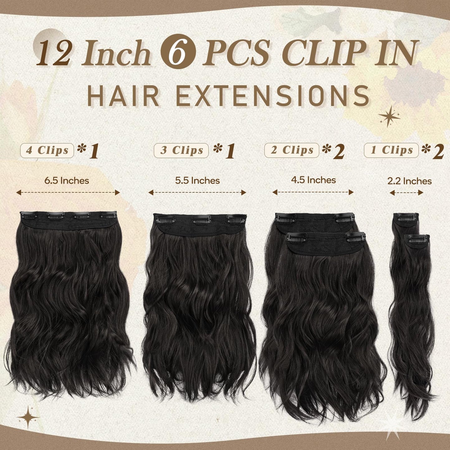 BARSDAR Black Brown Clip in Hair Extensions - 12 Inch Wavy Clip in Hair Extensions for Women - 6PCs Full Head Thick Soft Synthetic Clip in Hairpieces Daily Party Halloween - Black Brown