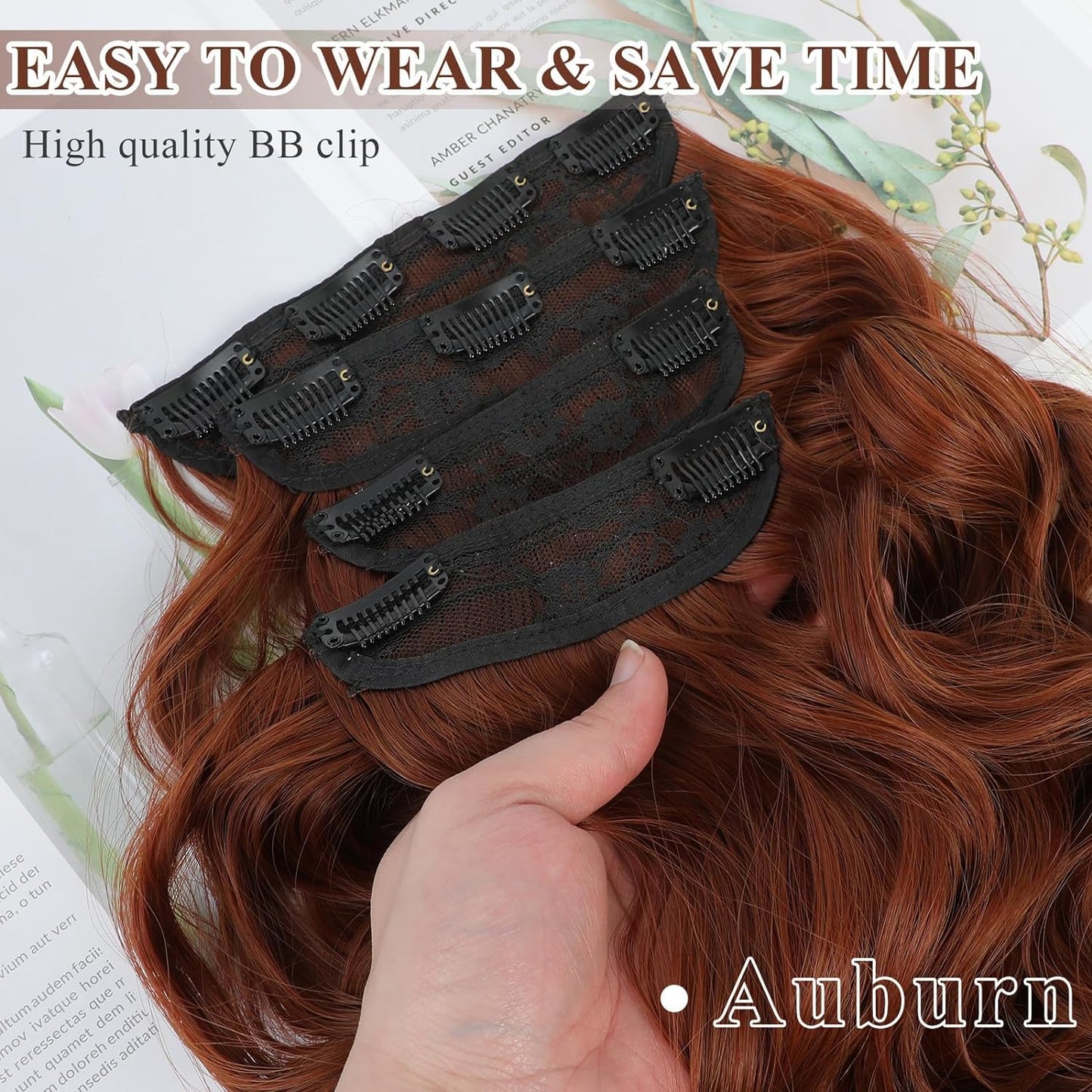 NAYOO Clip in Curly Hair Extensions 4PCS Long Wavy Synthetic Thick Hairpieces with Fiber Double Weft for Women Hair Full Head (24 Inch, Auburn)