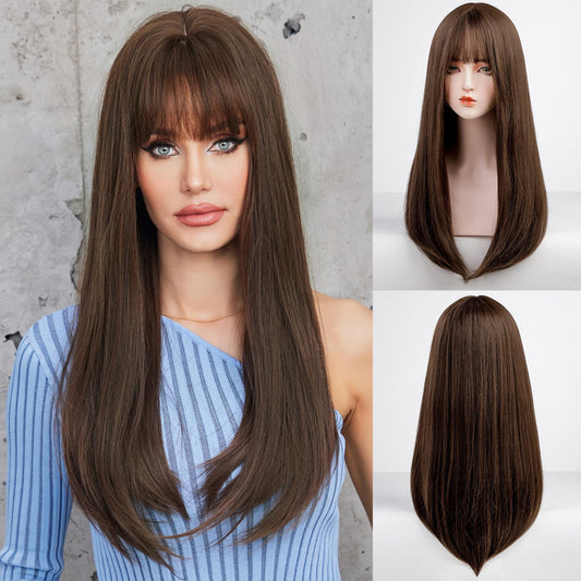 EMMOR Brown Wig With Bangs For Women Long Straight Wigs Synthetic For Girls Halloween Party Cosplay And Daily Use(26" Brown)