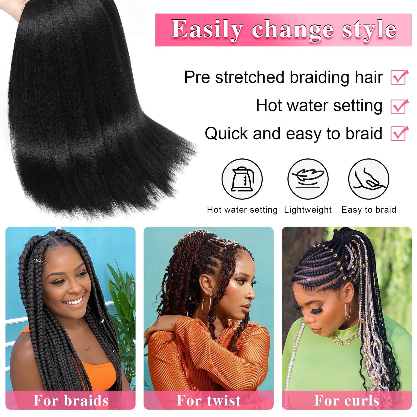 Black Braiding Hair Pre Stretched 30 Inch 2 Packs 1B Braiding Hair Professional Yaki Straight Braiding Hair for Box Braids Crochet Braids(1B, 2 Packs, 30 Inch)