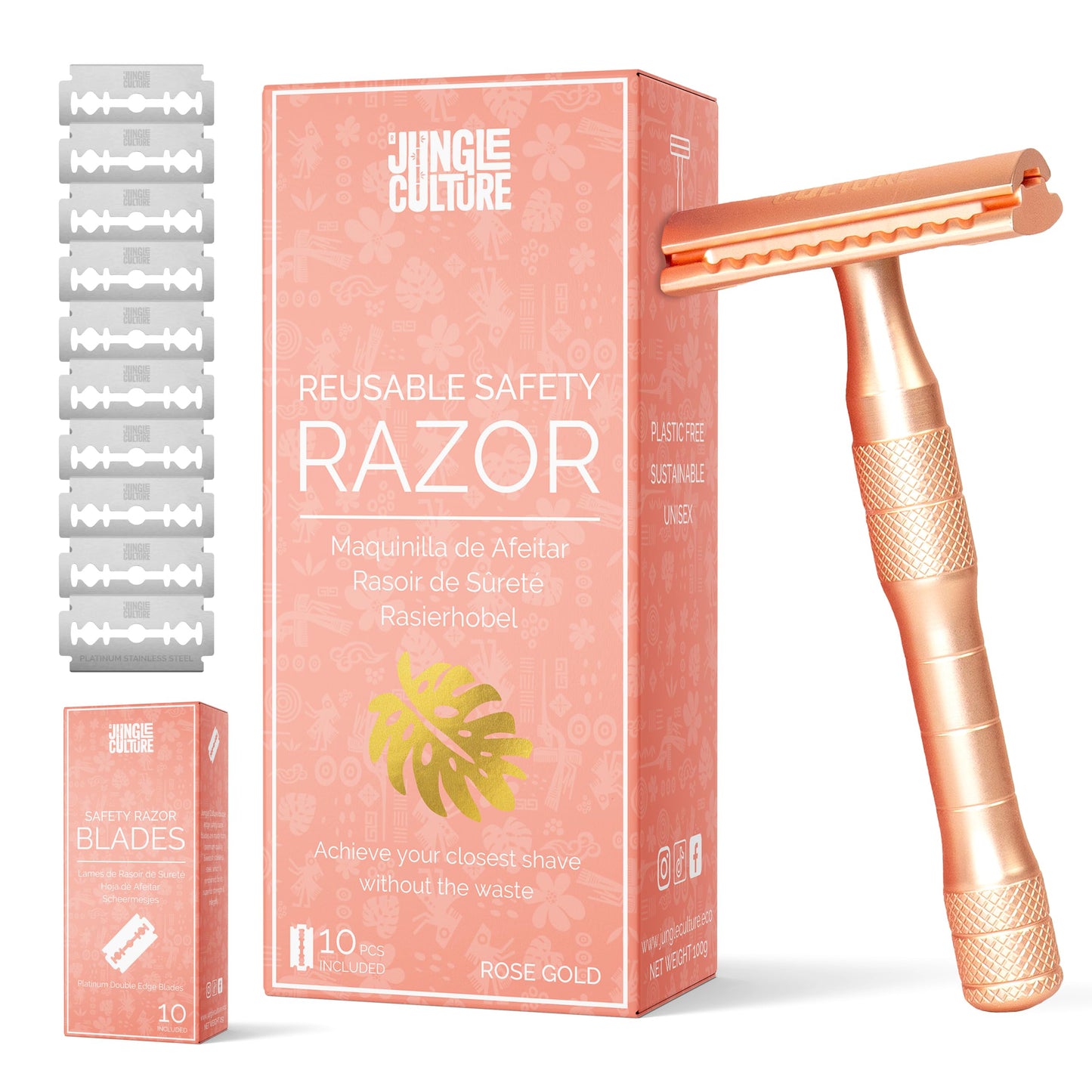 Jungle Culture Safety Razor with 10 Double Edge Blades • Single Blade Metal Razors for Women & Men for Body & Face • Eco Friendly & Reusable Shaver • Rose Gold