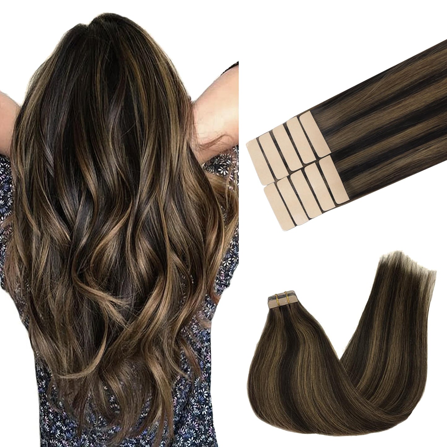 GOO GOO Tape in Hair Extensions Human Hair, Dark Brown Highlighted Chestnut Brown, 18inch 25g 10pcs, Thick Ends Straight Seamless, Invisible