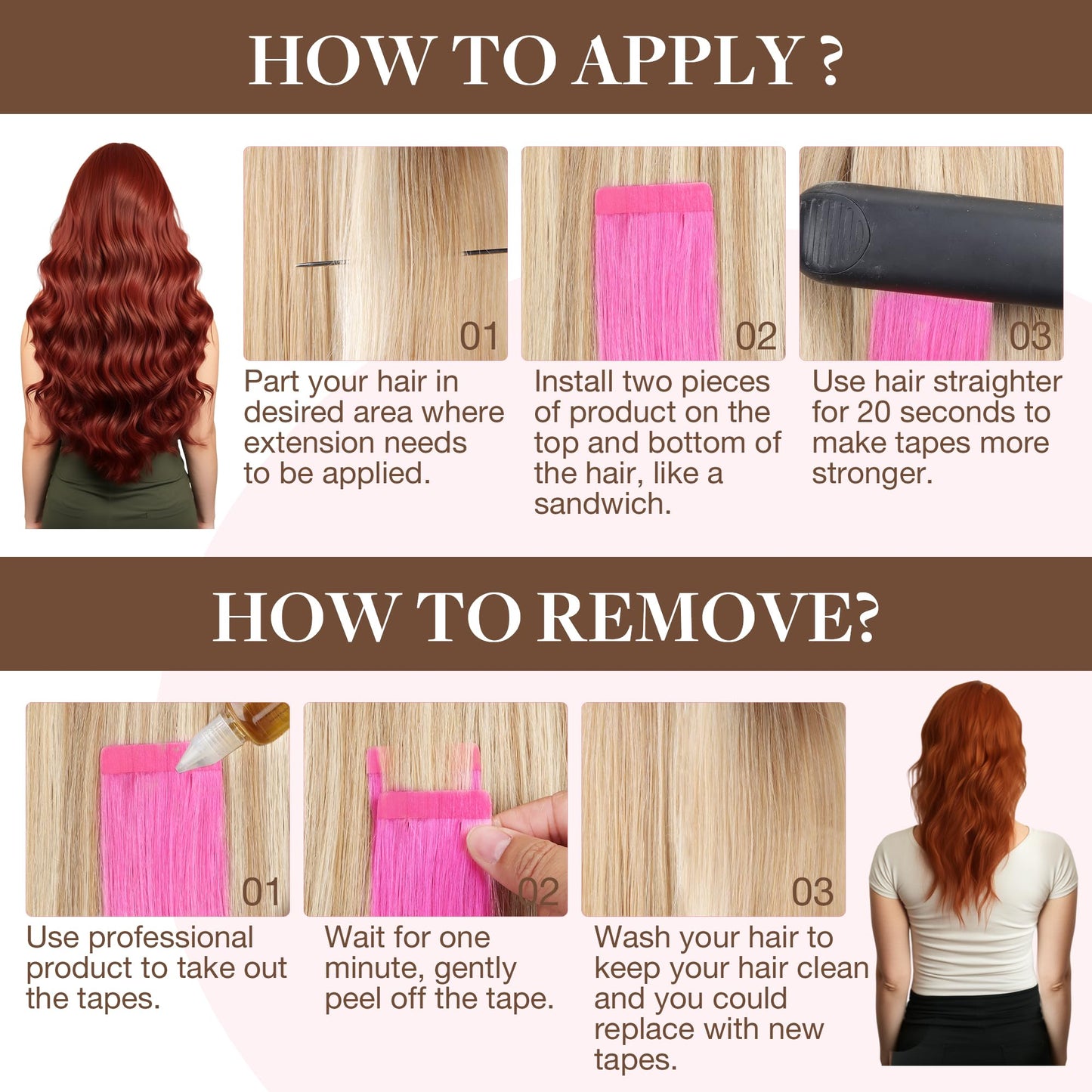 GOO GOO Tape in Hair Extensions Human Hair, Pink, 18inch 25g 10pcs, Colored Tape ins Human Hair Extensions, Silky&Soft Invisible Tape Ins, Hair Highlighted for Party