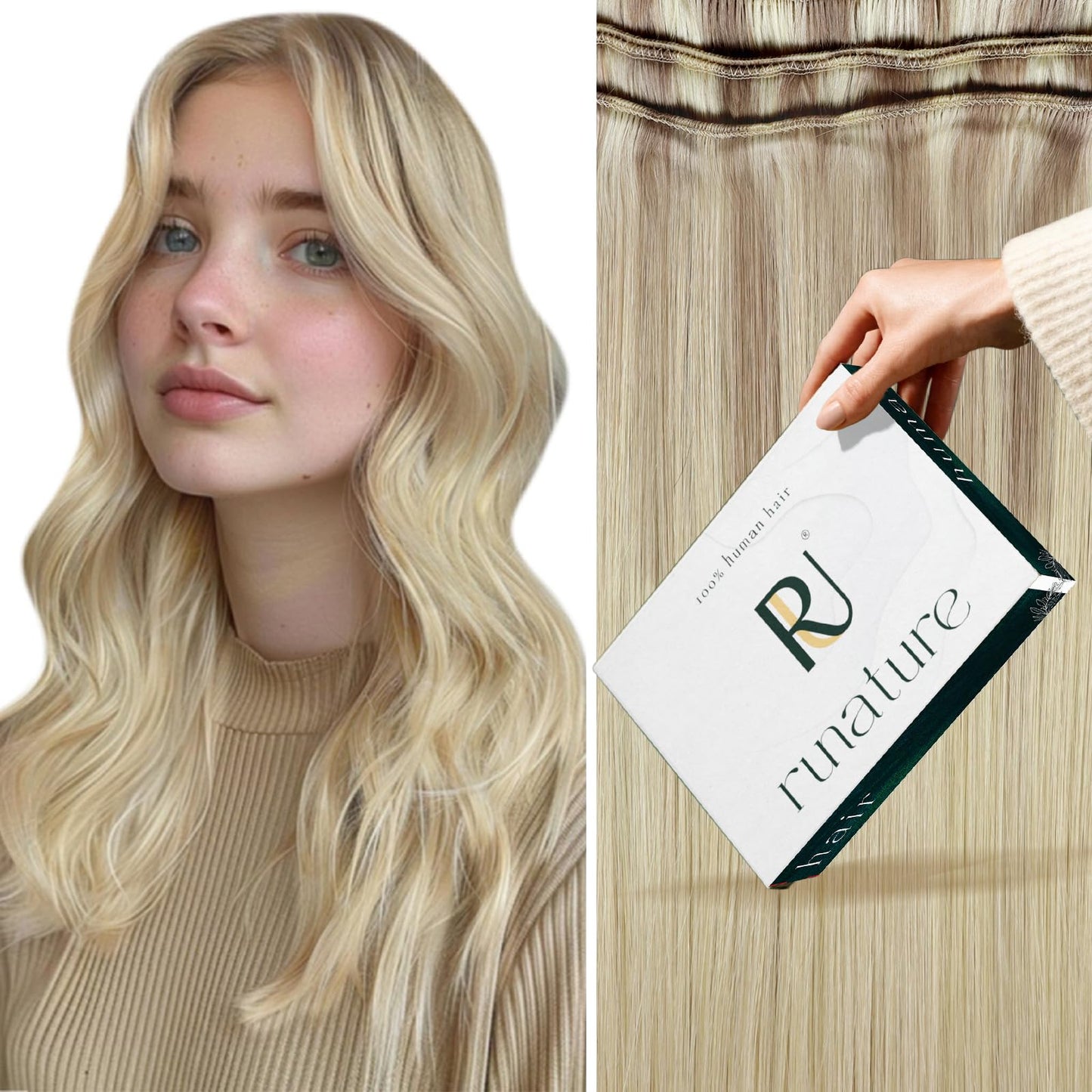 RUNATURE Weft Hair Extensions Human Hair Ombre Blonde Remy Hair Weft Human Hair Extensions Sew in Hair Weft Bundles 12 Inch Ash Blonde Fading to Blonde Balayage Hair Bundles 70.0 grams