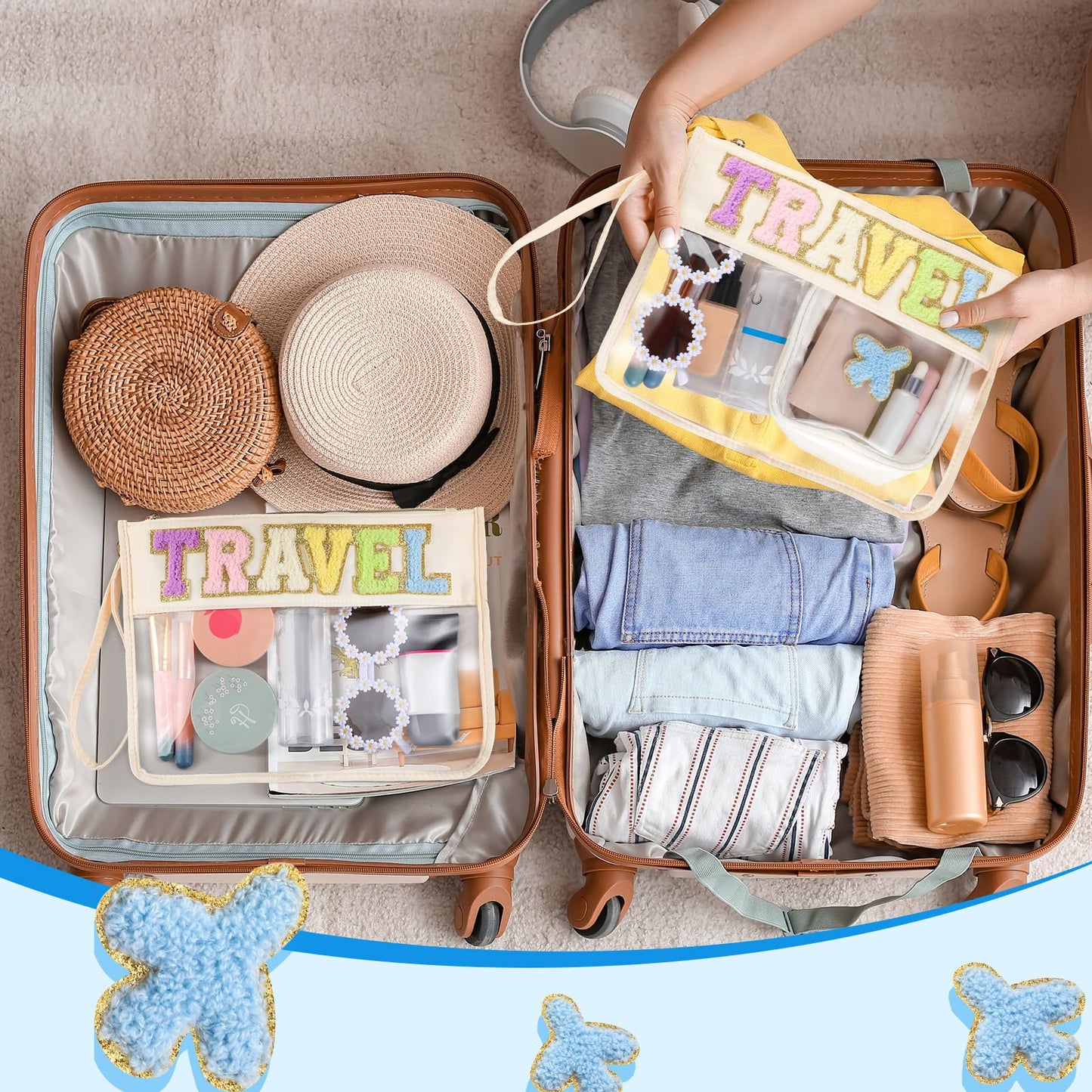 Hillban 2 Pcs Clear Travel Bags Chenille Letter Makeup Cosmetic Toiletry Bags Weekend Gifts Preppy Patch Zipper Pouch for Travel Waterproof Flat Portable Storage Purse for Women