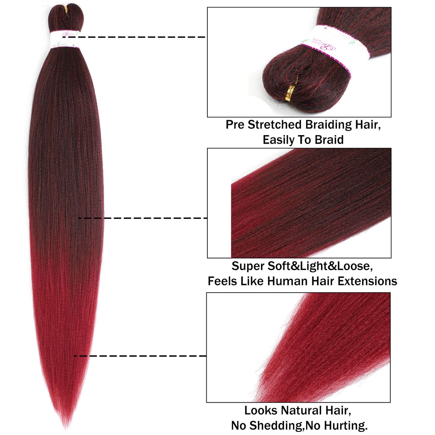 BEFUNNY Ombre Red Braiding Hair Pre Stretched, 8 Packs/Lot 24 Inch Pressional Prestretched Braiding Hair, Yaki Texture Synthetic Hair Extensions For Human Crochet Braids, Itch Free(24", T1B/Burgundy#)