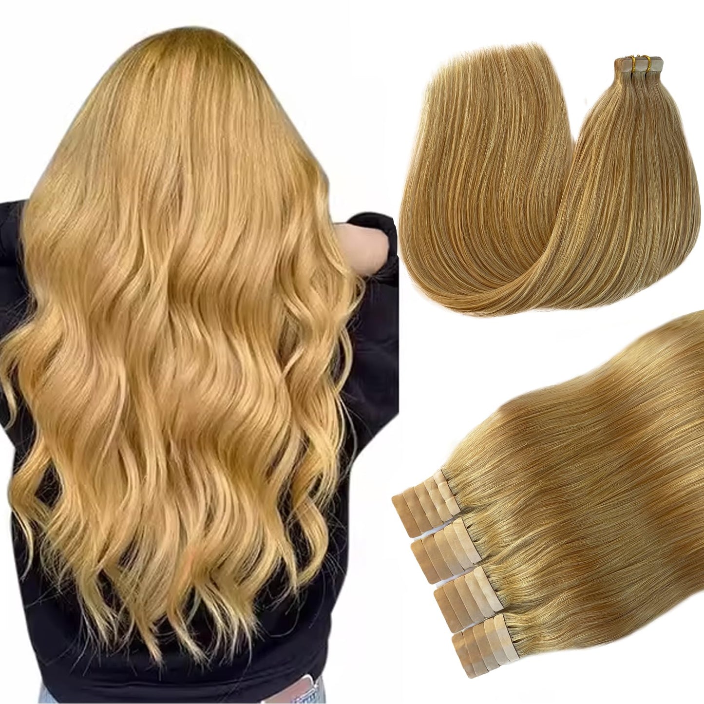 Tape in Hair Extensions Human Hair Double Sided Honey Blonde Invisible Tape in Hair Extensions 20" Seamless Tape ins 20pcs 60g Tape on Real Human Hair Extensions Thick Ends
