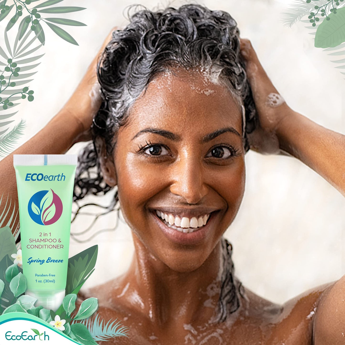 EcoEarth Travel Size Shampoo Conditioner 2-in-1 (1 fl oz, 200 PK, Spring Breeze) Delight Your Guests w/Revitalizing & Refreshing Conditioning Shampoo Amenities, Small Size Hotel Toiletries in Bulk