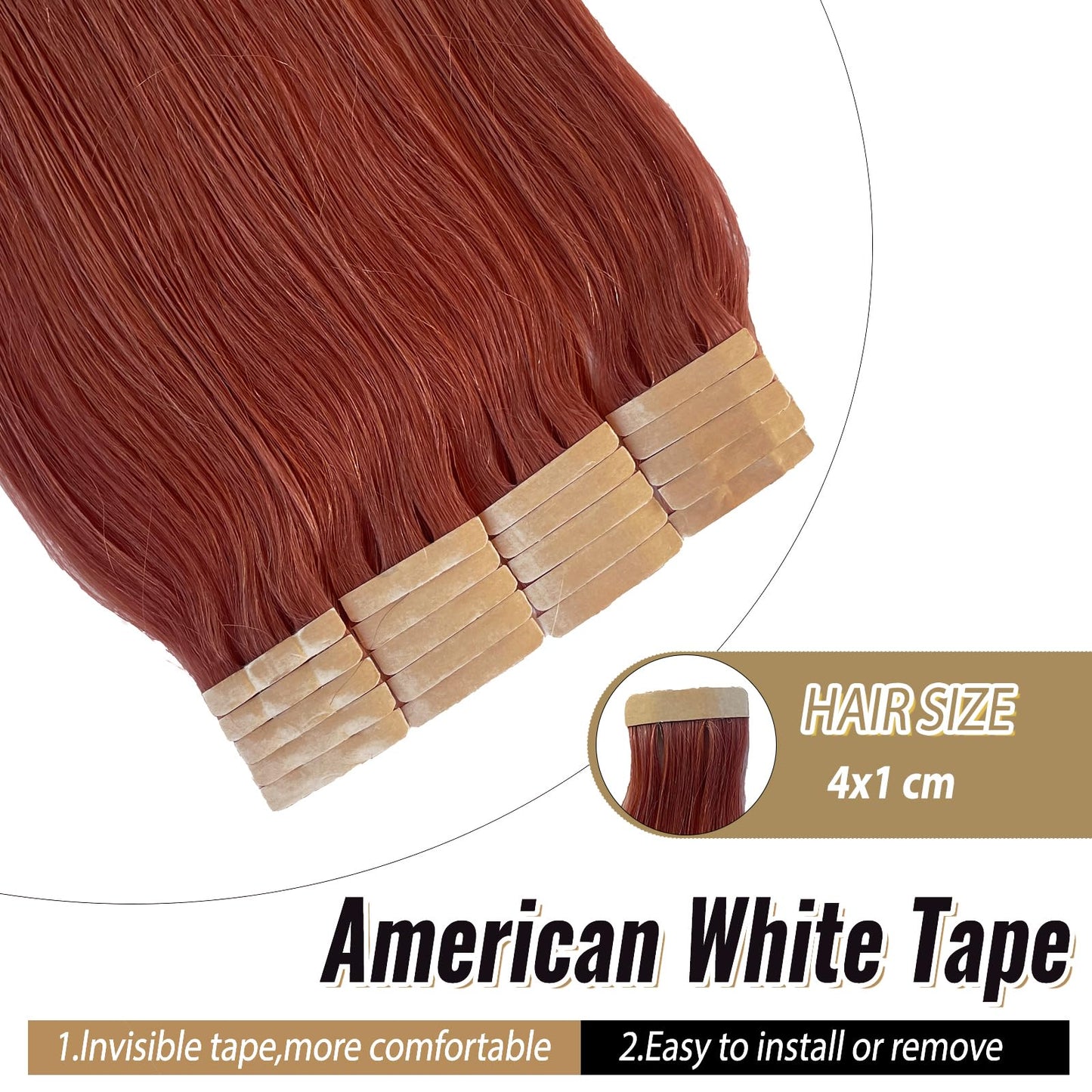 Tape in Hair Extensions Human Hair 14 Inch Glue in Remy Hair Extensions Auburn Brown Color Fashion Tape in Extensions for Women Double Side Invisible Tape in Human Hair Extensions 20Pcs 30Gram