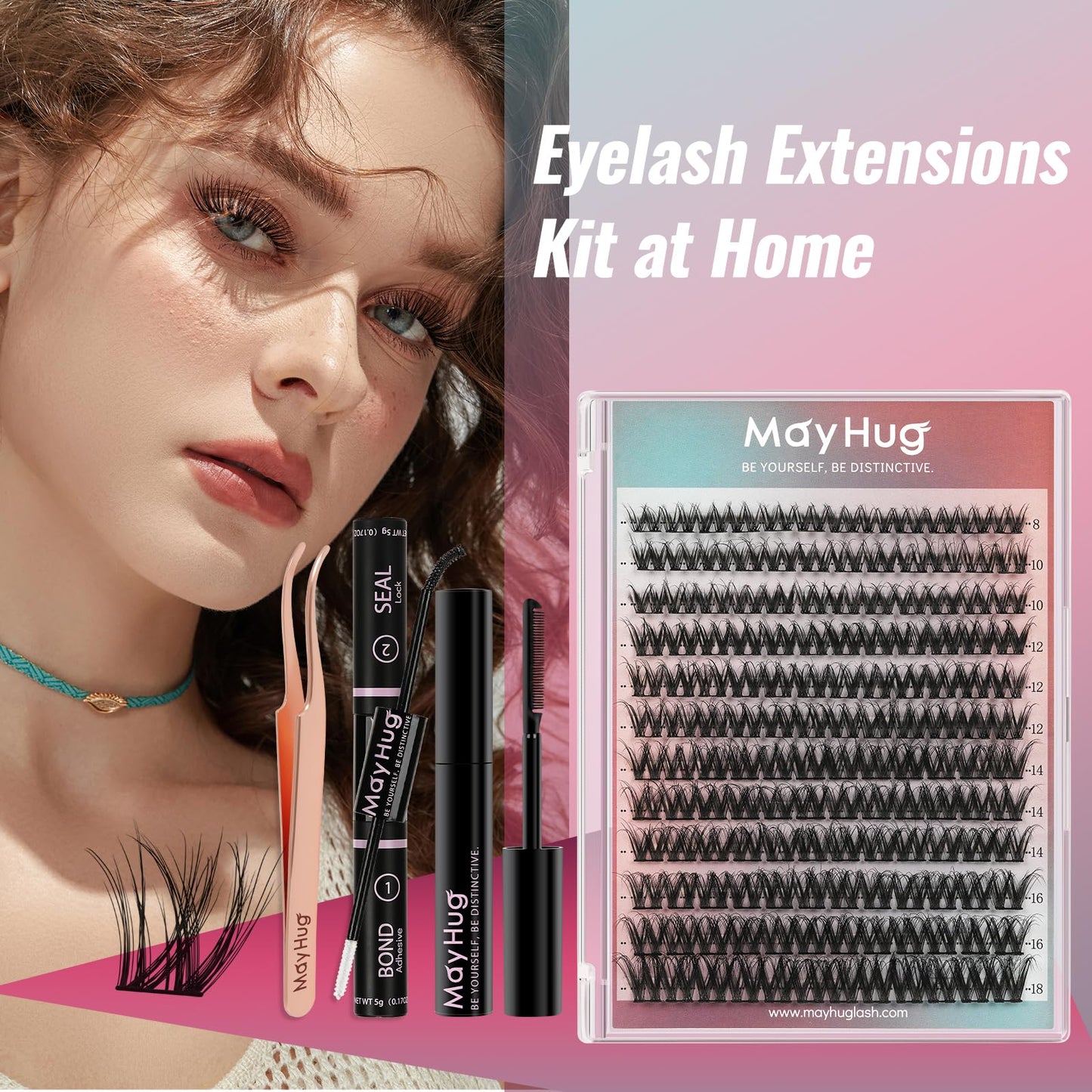 Mayhug Lash Extension Kit 144pcs, 3D Lashes Clusters with 10ml Bond and Seal, 5ml Lash Remover, Lash Tweezers, Easy DIY Cluster Eyelash Extensions Kit at Home (Dreamy Kit)