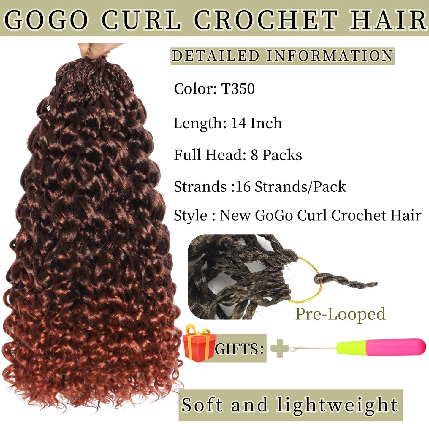 Gogo Curl Crochet Hair 14 Inch 8 Packs Pretwisted Curly Crochet Hair Pre looped Ocean Wave Crochet Hair Water Wave Deep Twist Crochet Synthetic Braiding Hair for Women Girl Kids (T350)