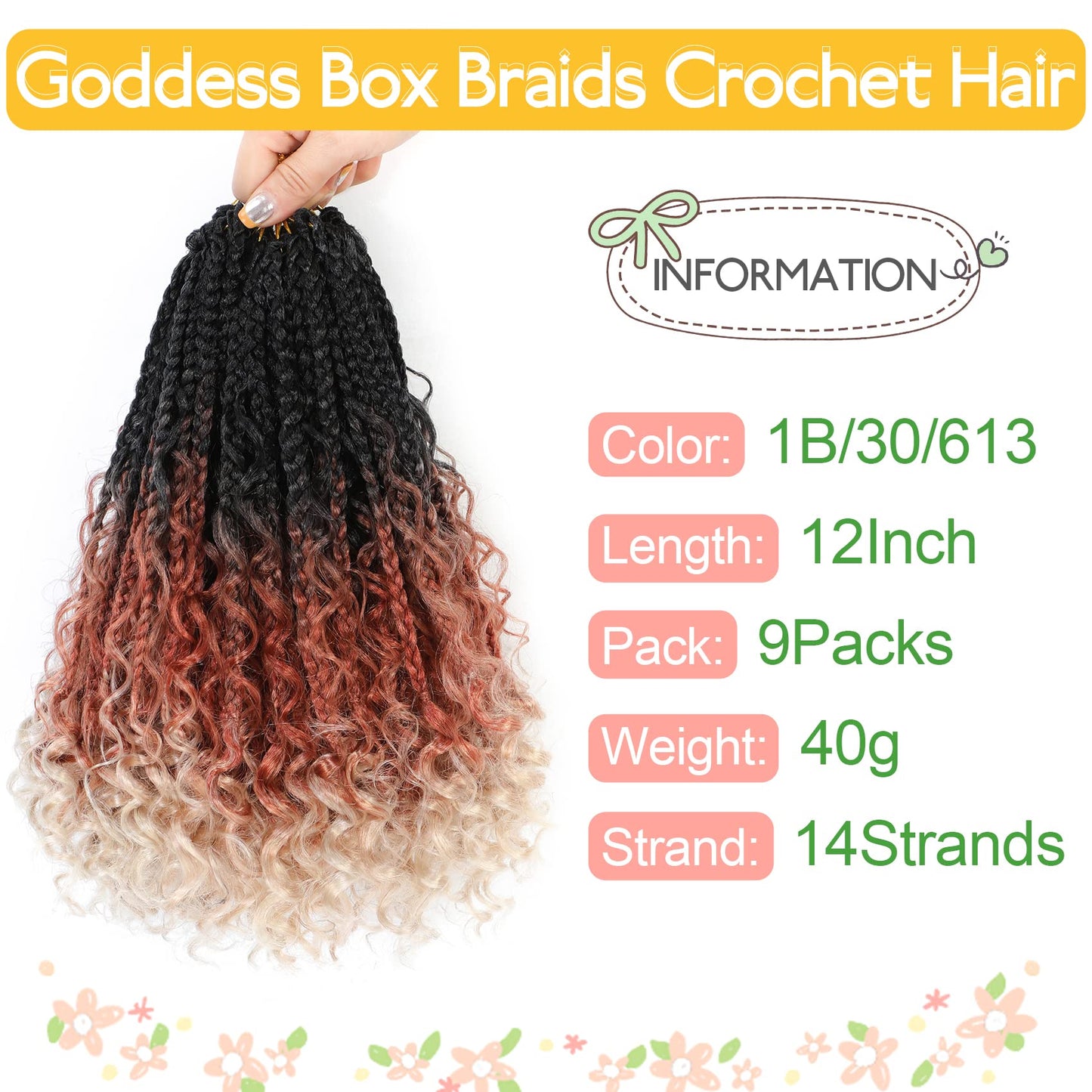 Fulcrum Goddess Box Braids Crochet Hair 12 Inch, 9 Packs Boho Box Braid Crochet Hair for Women, Pre-looped Bohemian 3X Crochet Braids with Curly Ends (12Inch, 1B/30/613#)