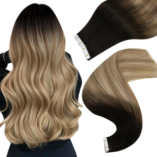 Easyouth Balayage Tape in Hair Extensions Human Hair Black Hair Extensions Real Human Hair Tape in Ombre Brown Tape ins Human Hair Extensions Brown Blonde #1b/8/22 20Inch 20Pcs 50g