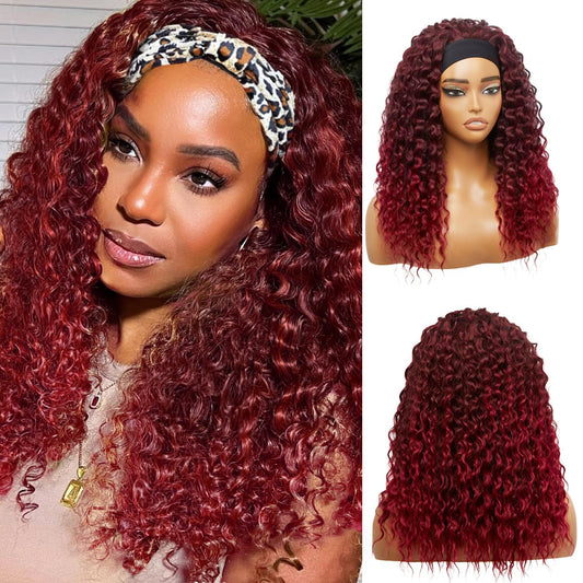 cuiud Red Headband Wig for Women 20Inch Ombre Burgandy Curly Headband Wigs for Black Women Synthetic Glueless None Lace Front Burgundy Hair for Daily（99j Ombre Red）