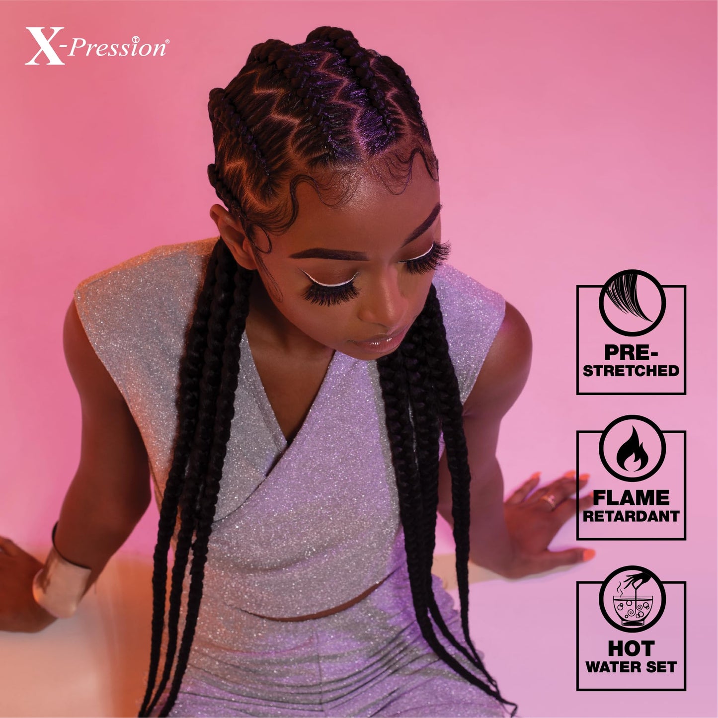 Sensationnel X-pression prestretched braiding hair - 3x braid 58 inch all kanekalon flame retardant synthetic braid for box braids and twists (5 pack, 1 JETBLACK)