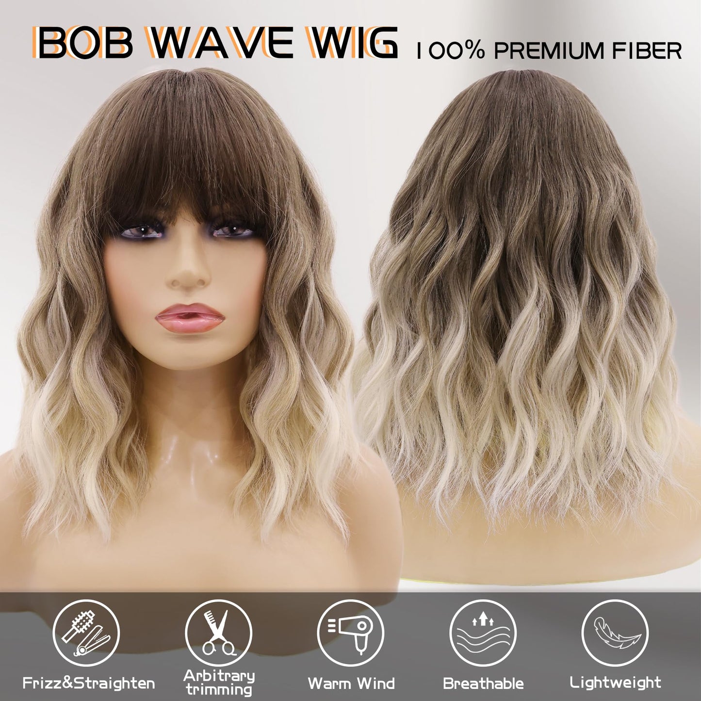 MOSINA Curly Wavy wig with Bangs for Women,14 inches Black and White Gradient Short Bob Wigs for Black Women,Heat Resistant Fiber Wig for Suitable for work, parties and other occasions Use