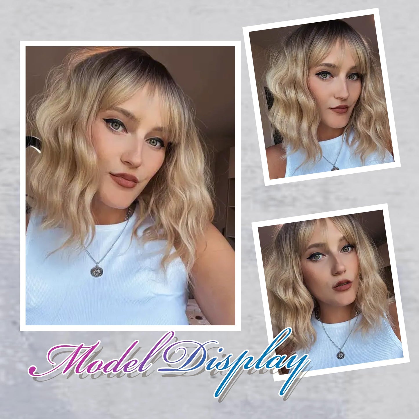 VCKOVCKO Bob Wig - Black-gold Gradient, Wavy, Air Bangs, Shoulder Length, Synthetic, Pastel for Women (12")