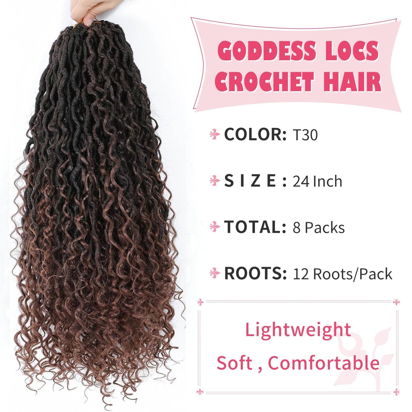 Alicoco Goddess Locs Crochet Hair 24 Inch 8 Packs Faux Locs Crochet Hair For Women Boho Soft Locs Pre-looped River Crochet Locs With Curly Ends (24 Inch (Pack of 8), 1B/30)