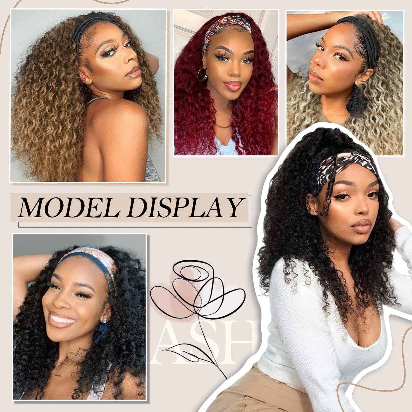 cuiud Red Headband Wig for Women 20Inch Ombre Burgandy Curly Headband Wigs for Black Women Synthetic Glueless None Lace Front Burgundy Hair for Daily（99j Ombre Red）