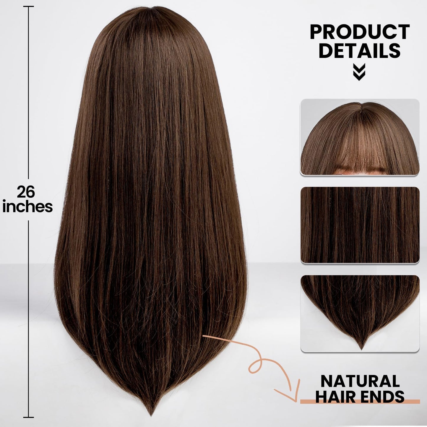 EMMOR Brown Wig With Bangs For Women Long Straight Wigs Synthetic For Girls Halloween Party Cosplay And Daily Use(26" Brown)