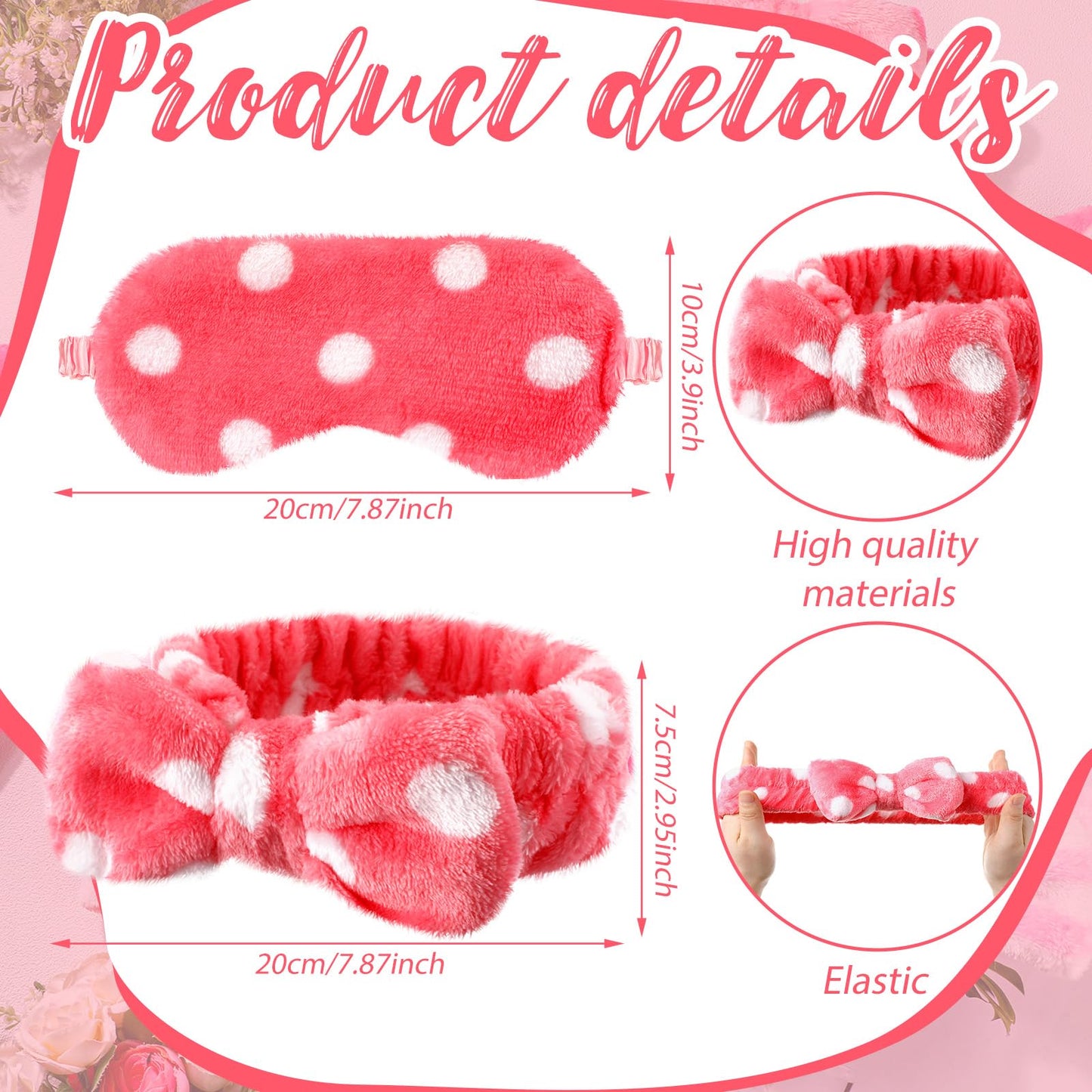 Xuhal 24 Pcs Spa Party Favors for Women Soft Makeup Headband for Washing Face Sleepover Party Supplies Sleep Eye Mask Bow Hair Bands for Sleepover Shower Gifts(Pink Series Dots and Stripes)