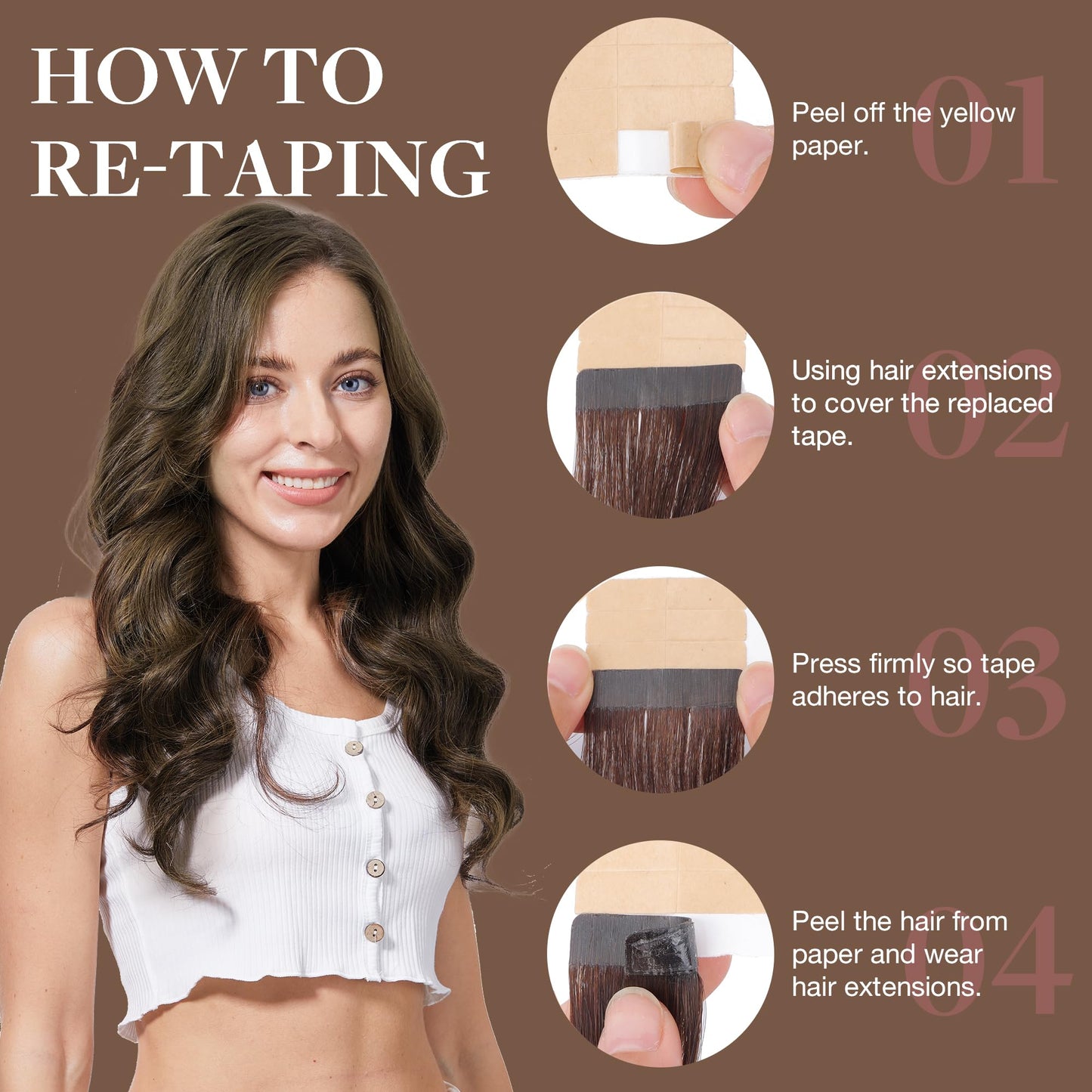 GOO GOO Tape in Hair Extensions Human Hair, Dark Brown Highlighted Chestnut Brown, 18inch 25g 10pcs, Thick Ends Straight Seamless, Invisible