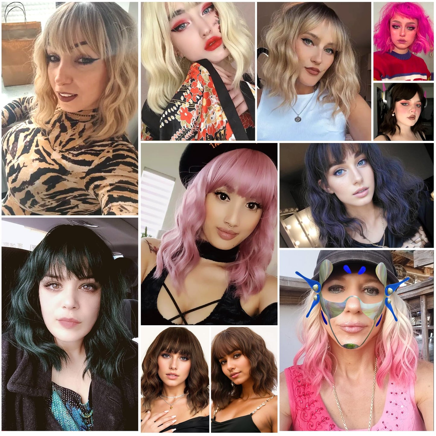 VCKOVCKO Bob Wig - Black-gold Gradient, Wavy, Air Bangs, Shoulder Length, Synthetic, Pastel for Women (12")