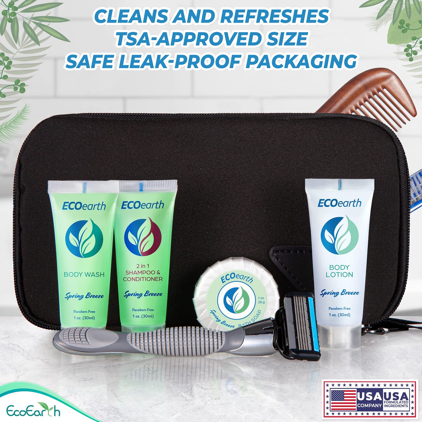 EcoEarth Travel Size Shampoo Conditioner 2-in-1 (1 fl oz, 200 PK, Spring Breeze) Delight Your Guests w/Revitalizing & Refreshing Conditioning Shampoo Amenities, Small Size Hotel Toiletries in Bulk