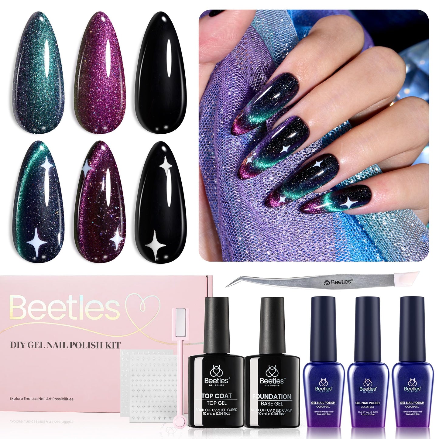 Beetles Gift Gel Nail Polish Set, Cat Eye Black Gel Polish Brilliant Galaxy Nail with Base & Top Coat, Star Stickers, Magnet, Tweezers DIY Series Color Nail Trend Set Manicure
