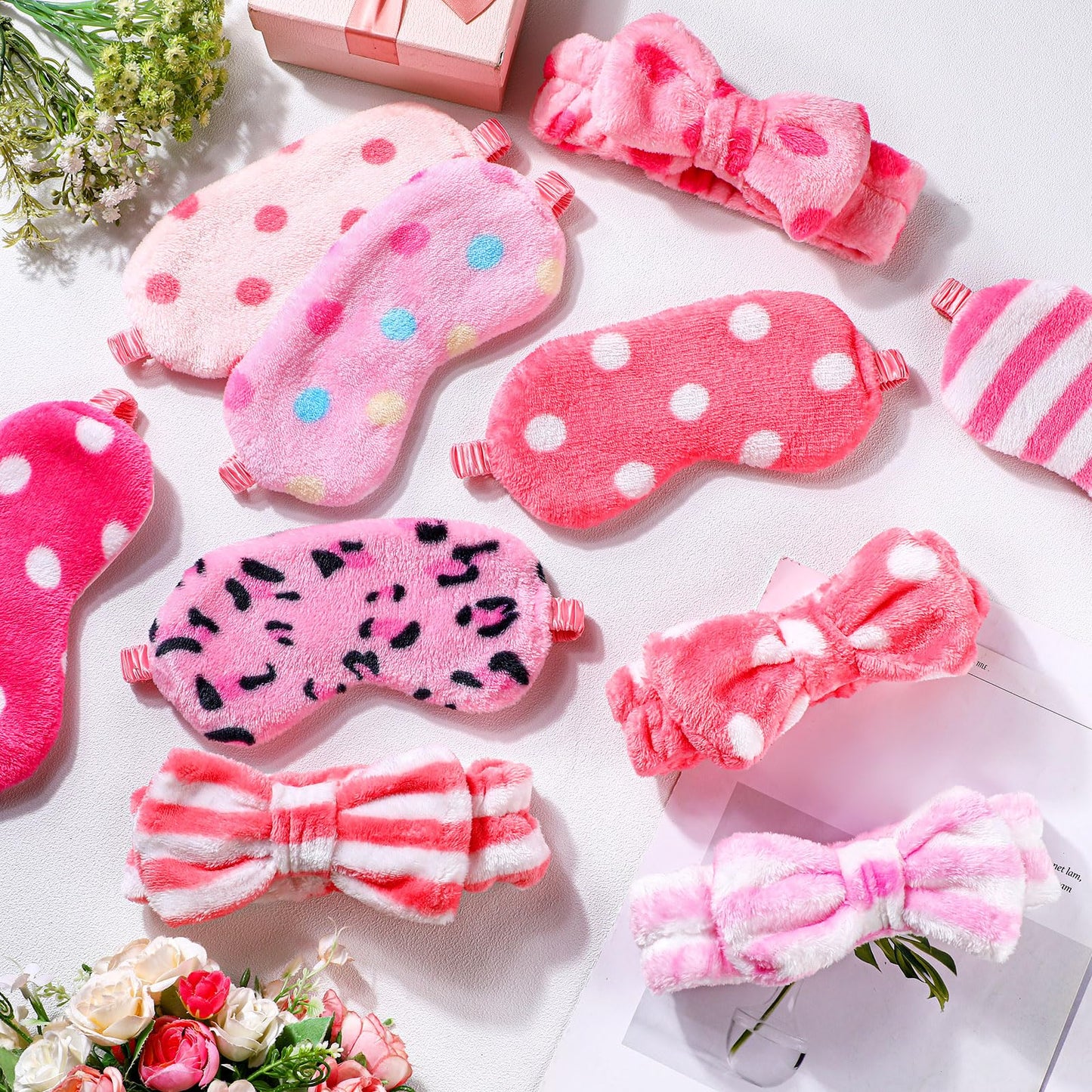 Xuhal 24 Pcs Spa Party Favors for Women Soft Makeup Headband for Washing Face Sleepover Party Supplies Sleep Eye Mask Bow Hair Bands for Sleepover Shower Gifts(Pink Series Dots and Stripes)