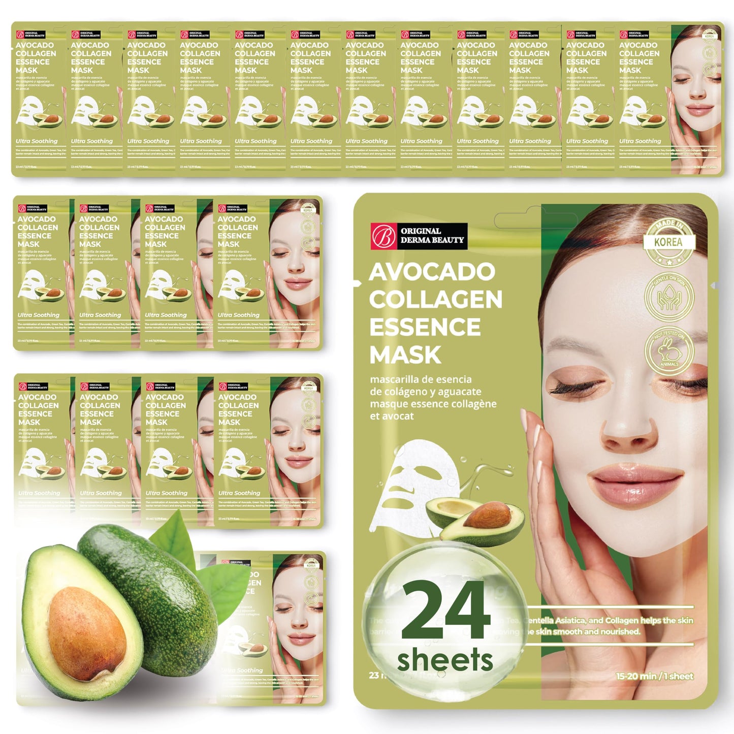 Innerest Original Derma Beauty Collagen Face Masks 24 PK Ultra Soothing Avocado Face Mask Skin Care Sheet Masks Set for Beauty & Personal Care Korean Face Mask