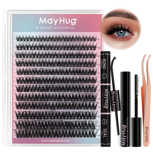 Mayhug Lash Extension Kit 144pcs, 3D Lashes Clusters with 10ml Bond and Seal, 5ml Lash Remover, Lash Tweezers, Easy DIY Cluster Eyelash Extensions Kit at Home (Dreamy Kit)